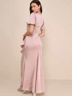 Robe de demoiselle d'honneur rose col en V volants asymétrique ligne a robe longue de bal