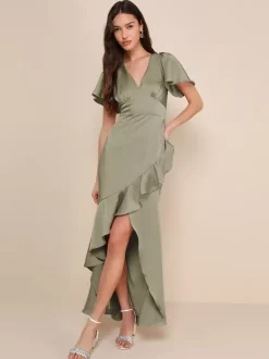 Robe de demoiselle d'honneur rose col en V volants asymétrique ligne a robe longue de bal