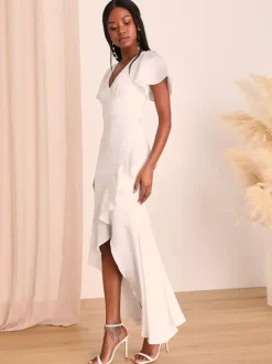 Robe de demoiselle d'honneur rose col en V volants asymétrique ligne a robe longue de bal