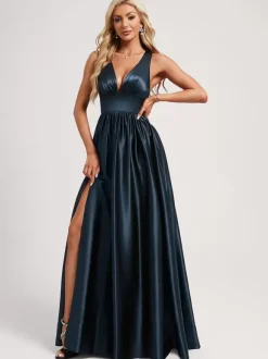 Robe de demoiselle d'honneur robe de bal longueur au sol fermeture éclair élastique en soie comme robe de bal en satin