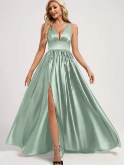 Robe de demoiselle d'honneur robe de bal longueur au sol fermeture éclair élastique en soie comme robe de bal en satin