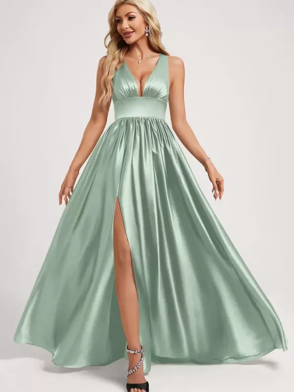 Robe de demoiselle d'honneur robe de bal longueur au sol fermeture éclair élastique en soie comme robe de bal en satin
