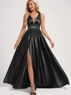 Robe de demoiselle d'honneur robe de bal longueur au sol fermeture éclair élastique en soie comme robe de bal en satin