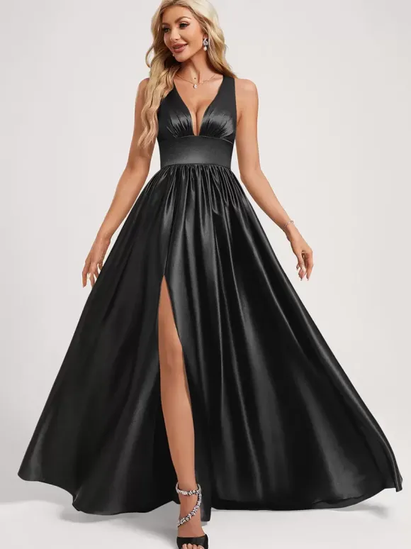 Robe de demoiselle d'honneur robe de bal longueur au sol fermeture éclair élastique en soie comme robe de bal en satin