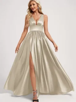 Robe de demoiselle d'honneur robe de bal longueur au sol fermeture éclair élastique en soie comme robe de bal en satin