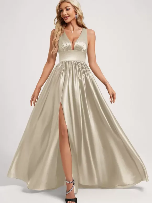 Robe de demoiselle d'honneur robe de bal longueur au sol fermeture éclair élastique en soie comme robe de bal en satin