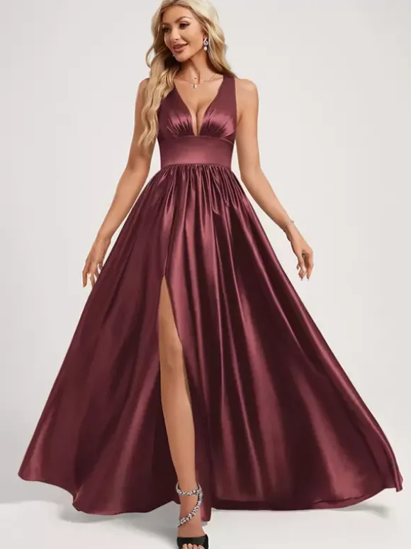 Robe de demoiselle d'honneur robe de bal longueur au sol fermeture éclair élastique en soie comme robe de bal en satin