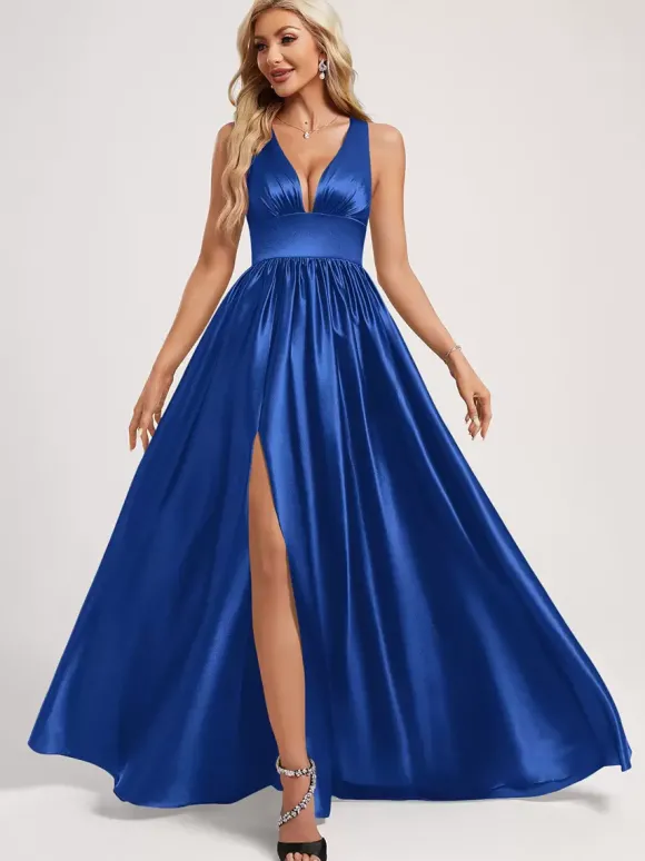 Robe de demoiselle d'honneur robe de bal longueur au sol fermeture éclair élastique en soie comme robe de bal en satin