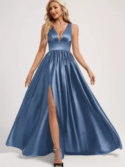 Robe de demoiselle d'honneur robe de bal longueur au sol fermeture éclair élastique en soie comme robe de bal en satin