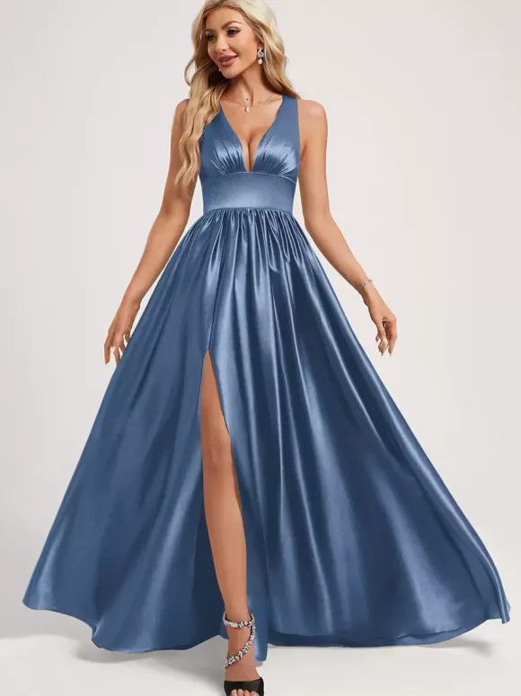 Robe de demoiselle d'honneur robe de bal longueur au sol fermeture éclair élastique en soie comme robe de bal en satin