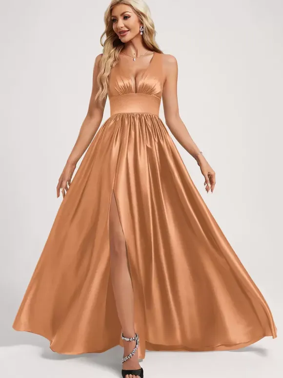 Robe de demoiselle d'honneur robe de bal longueur au sol fermeture éclair élastique en soie comme robe de bal en satin