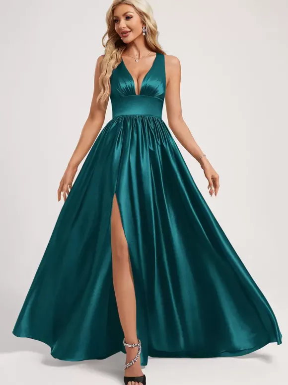 Robe de demoiselle d'honneur robe de bal longueur au sol fermeture éclair élastique en soie comme robe de bal en satin