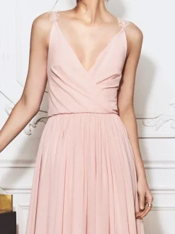 Robe de demoiselle d'honneur robe de cocktaille de mariage col V à bretelle jupe fendue plissée