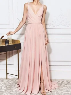Robe de demoiselle d'honneur robe de cocktaille de mariage col V à bretelle jupe fendue plissée