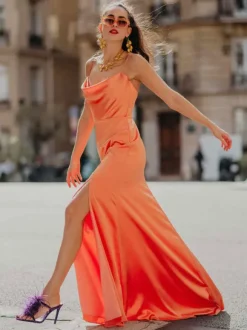 Robe de demoiselle d'honneur robe cocktail mariage en soie élastique à bretelle jupe fendue
