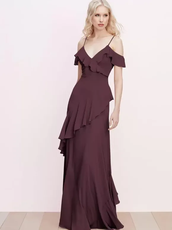 Robe de demoiselle d'honneur à volants bretelles spaghetti dos nu ligne a robes de bal en mousseline de soie
