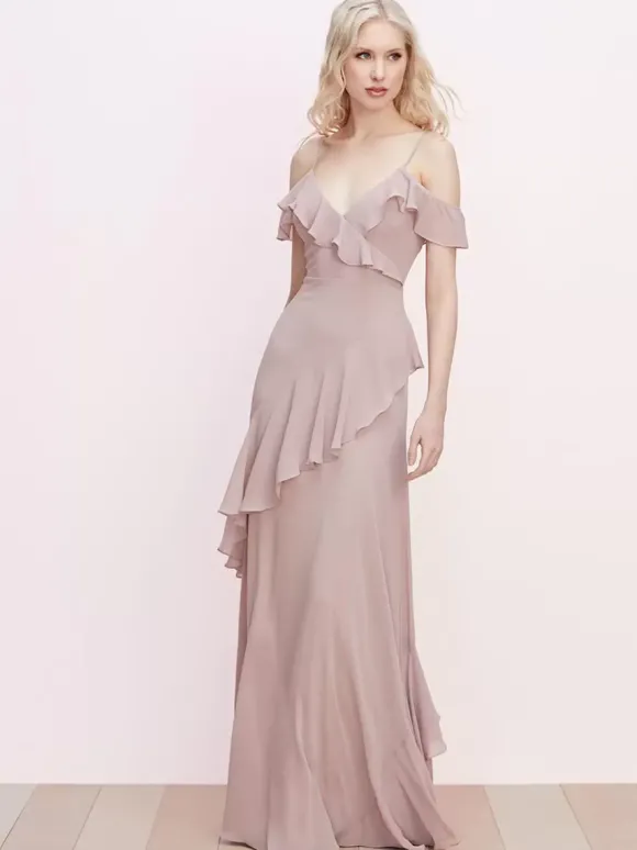 Robe de demoiselle d'honneur à volants bretelles spaghetti dos nu ligne a robes de bal en mousseline de soie