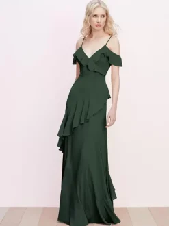 Robe de demoiselle d'honneur à volants bretelles spaghetti dos nu ligne a robes de bal en mousseline de soie