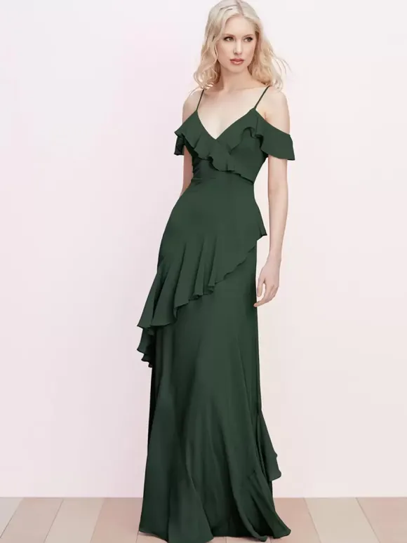 Robe de demoiselle d'honneur à volants bretelles spaghetti dos nu ligne a robes de bal en mousseline de soie