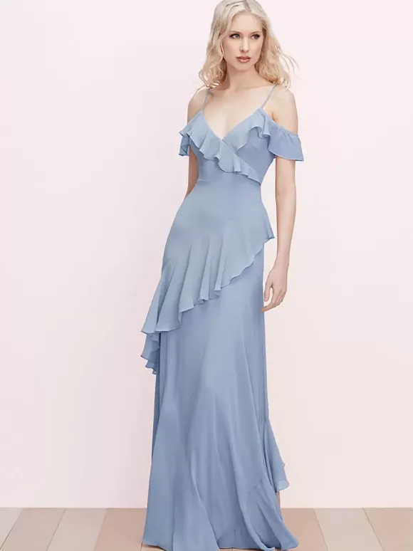 Robe de demoiselle d'honneur à volants bretelles spaghetti dos nu ligne a robes de bal en mousseline de soie