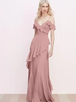 Robe de demoiselle d'honneur à volants bretelles spaghetti dos nu ligne a robes de bal en mousseline de soie