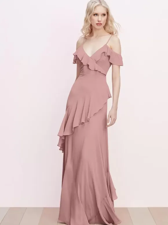 Robe de demoiselle d'honneur à volants bretelles spaghetti dos nu ligne a robes de bal en mousseline de soie