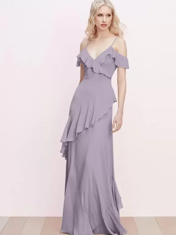 Robe de demoiselle d'honneur à volants bretelles spaghetti dos nu ligne a robes de bal en mousseline de soie