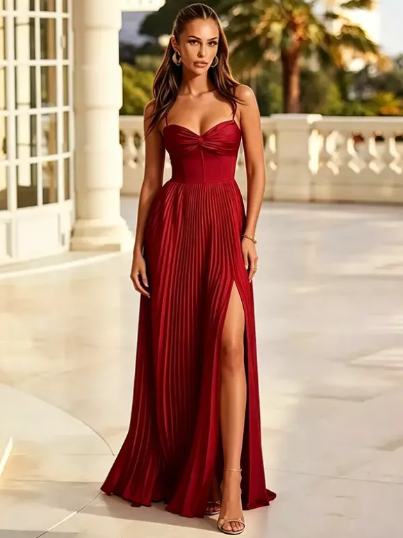 Robe de demoiselle d'honneur vert émeraude plissée en satin coupe trapèze bretelles spaghetti bustier c艙ur corset dos lacé fente haute robe longue de cérémonie