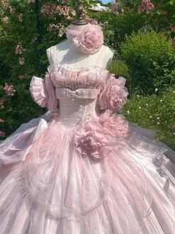 Robe de fée rose Sweet Lolita à spaghetti et n艙ud floral robe Lolita longue au sol