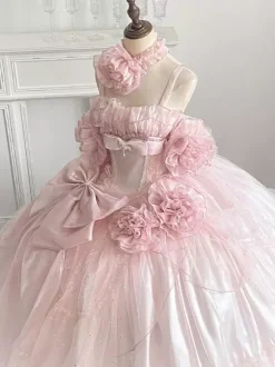 Robe de fée rose Sweet Lolita à spaghetti et n艙ud floral robe Lolita longue au sol