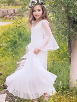 Robe de fille de fleur blanche en dentelle col V manche longue transparente à cheville robe cortège enfant