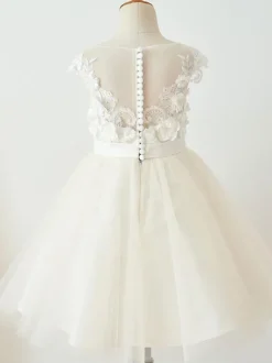 Robe de fille de fleur champagne en tulle col rond en dentelle boutonné sur dos robe cortège enfant