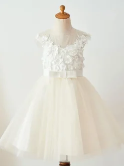 Robe de fille de fleur champagne en tulle col rond en dentelle boutonné sur dos robe cortège enfant