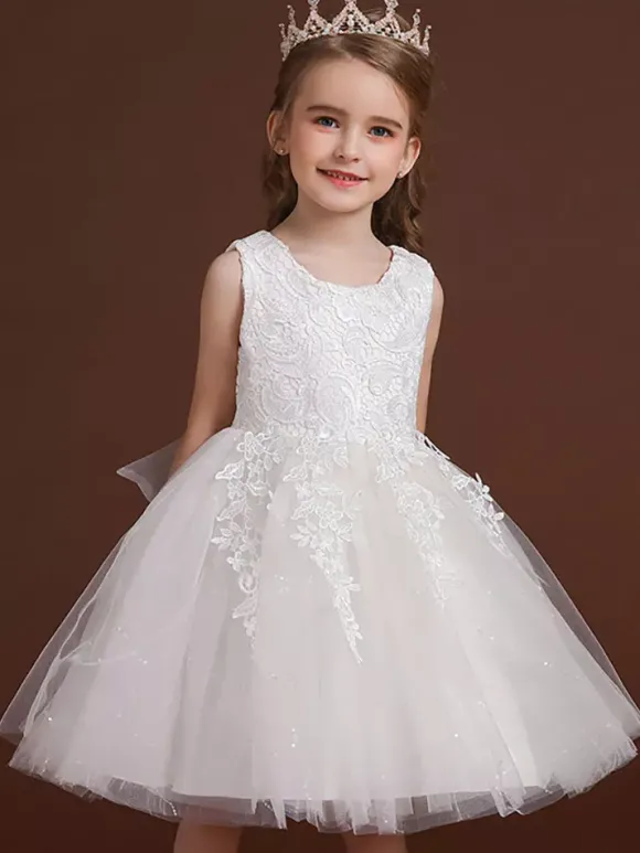 Robe de fille de fleur col rond en dentelle jupe en tulle noeud sur dos à zip robe cortège enfant