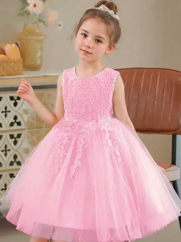 Robe de fille de fleur col rond en dentelle jupe en tulle noeud sur dos à zip robe cortège enfant