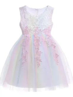 Robe de fille de fleur col rond en dentelle jupe en tulle noeud sur dos à zip robe cortège enfant