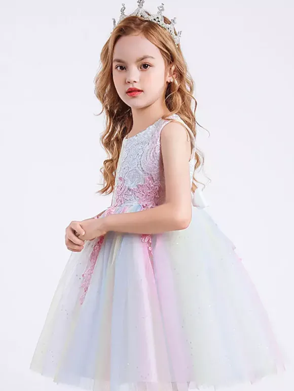 Robe de fille de fleur col rond en dentelle jupe en tulle noeud sur dos à zip robe cortège enfant