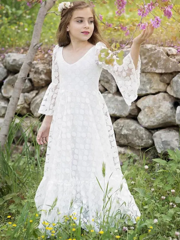 Robe de fille de fleur ivoire col rond demie-manche en dentelle