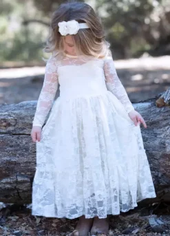 Robe de fille de fleur ivoire en dentelle col rond manche longue robe cortège enfant