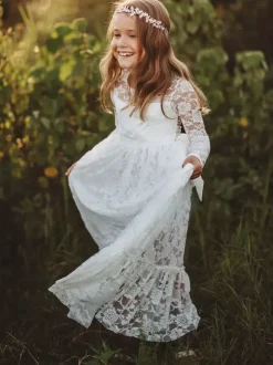 Robe de fille de fleur ivoire en dentelle col rond manche longue robe cortège enfant