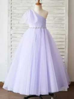 Robe de fille de fleur lavande en tulle une épaule jupe plissé robe cortège enfant robe cérémonie fille