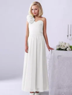 Robe de fille de fleur robe cortège enfant verte en chiffon bustier à une épaule zip sur dos longueur cheville