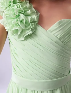 Robe de fille de fleur robe cortège enfant verte en chiffon bustier à une épaule zip sur dos longueur cheville