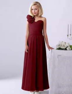 Robe de fille de fleur robe cortège enfant verte en chiffon bustier à une épaule zip sur dos longueur cheville