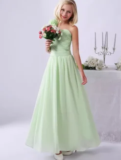 Robe de fille de fleur robe cortège enfant verte en chiffon bustier à une épaule zip sur dos longueur cheville