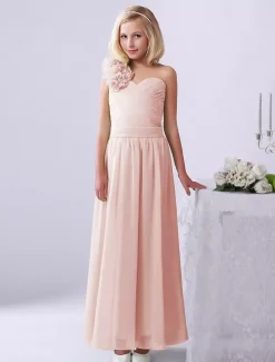 Robe de fille de fleur robe cortège enfant verte en chiffon bustier à une épaule zip sur dos longueur cheville