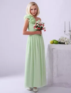 Robe de fille de fleur robe cortège enfant verte en chiffon bustier à une épaule zip sur dos longueur cheville