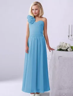 Robe de fille de fleur robe cortège enfant verte en chiffon bustier à une épaule zip sur dos longueur cheville