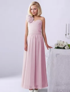 Robe de fille de fleur robe cortège enfant verte en chiffon bustier à une épaule zip sur dos longueur cheville