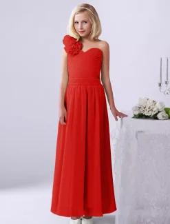 Robe de fille de fleur robe cortège enfant verte en chiffon bustier à une épaule zip sur dos longueur cheville